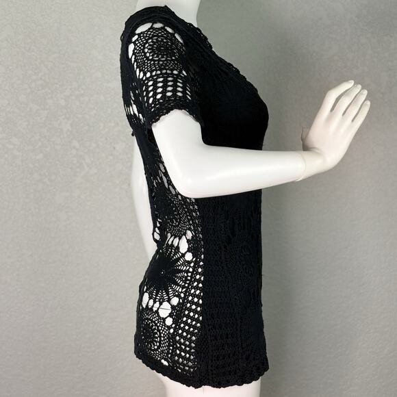 Vtg Y2K 90s Crochet Babydoll Top Sweater Grunge Goth Boho Black Size S - Picture 5 of 8